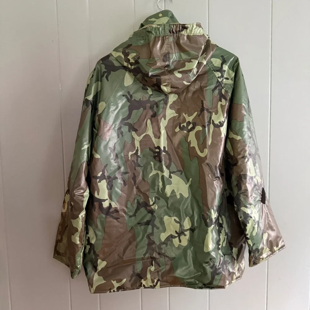 Vintage‎ Duck Bay Mens Camo Hooded Rain Jacket L PVC Waterproof Quilted Woodland